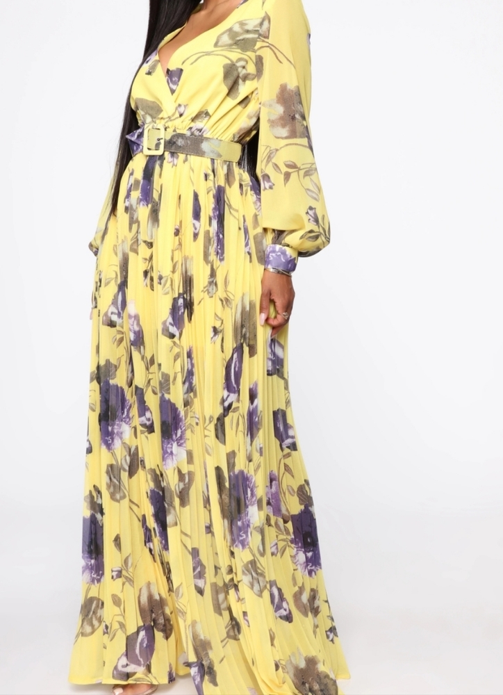 Fashion Nova Fair Play Floral Pleated Maxi Dress, Yellow/Multi, Size 1X